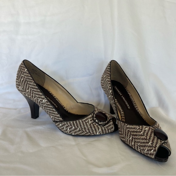 Chinese Laundry Brown Tweed Peep Toe Pumps Size 6.5 - Picture 1 of 11